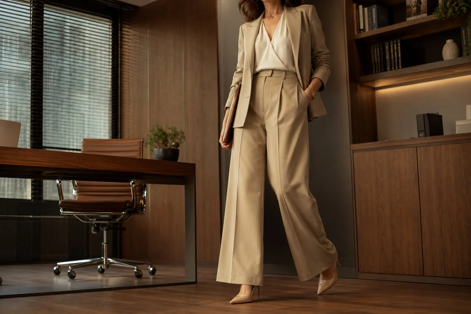 Calça wide leg no trabalho: proporção, tecido e sapato